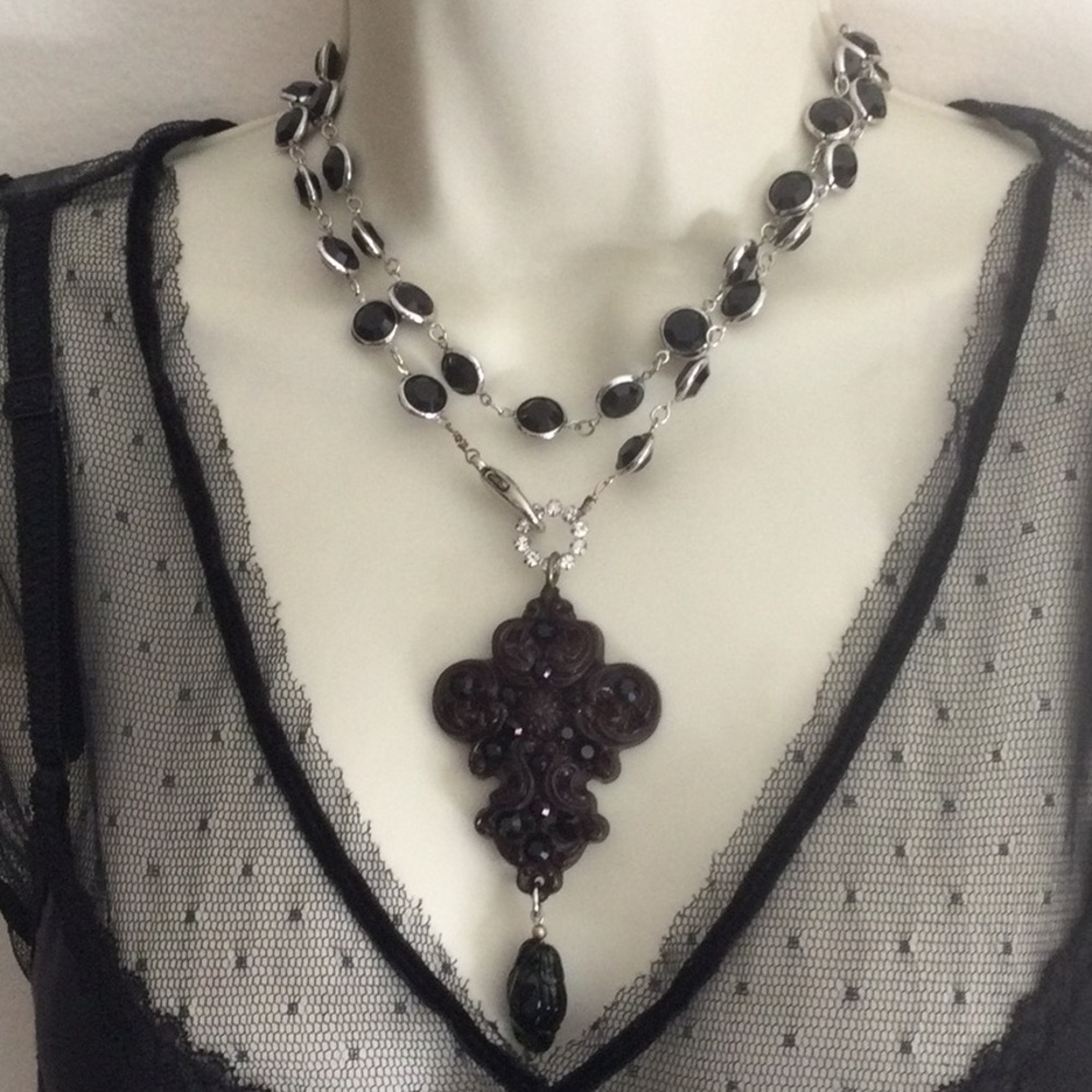 Black Crystal Silver Chain Necklace with Tarina Tarantino Pendant - Picture 5 of 10